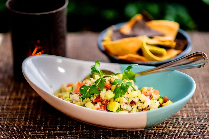 Ceviche bowl with tortilla chips